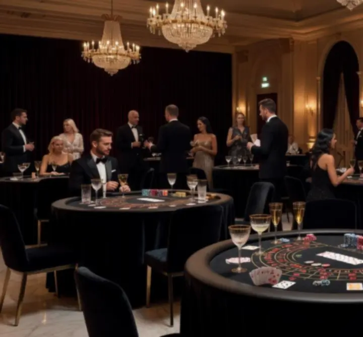 Elegancka scenografia kasynowa z czarnymi obrusami i złotymi detalami