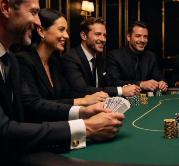Ujęcia z różnych wieczorów pokerowych: stoły, żetony i uczestnicy w eleganckiej scenerii